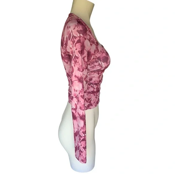 Pink Floral Square Neck Cropped Long Sleeve Top – Ruched, Size Small - Picture 5 of 17